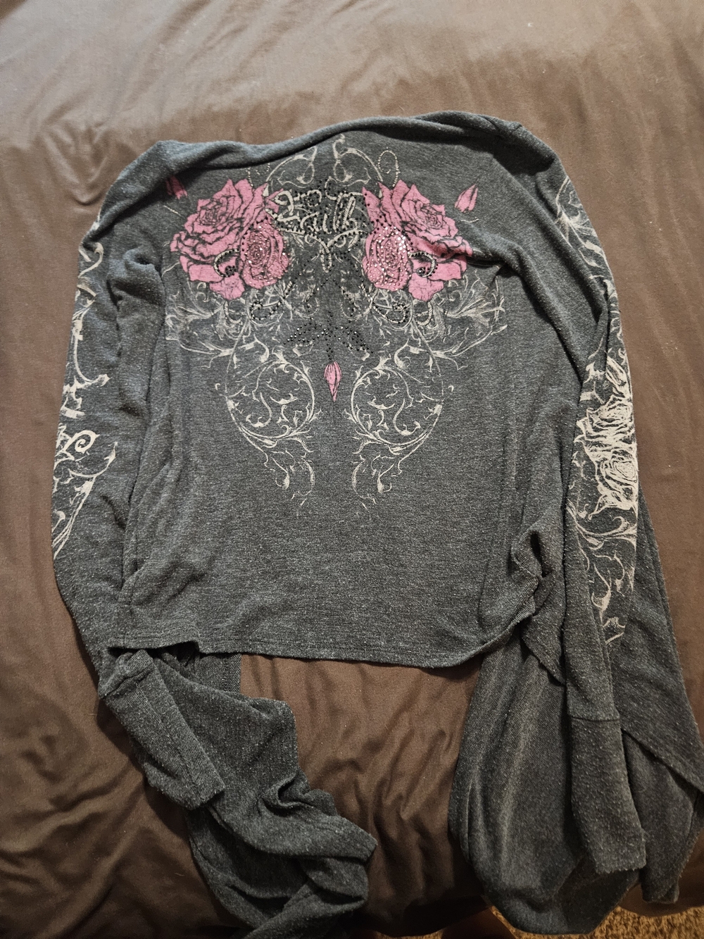 Vintage Rue21 Dark Gray Long Sleeve Top with Pink Rose Graphic
